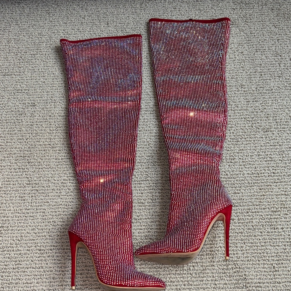 Red Thigh High Boots with AB Crystals Size 8